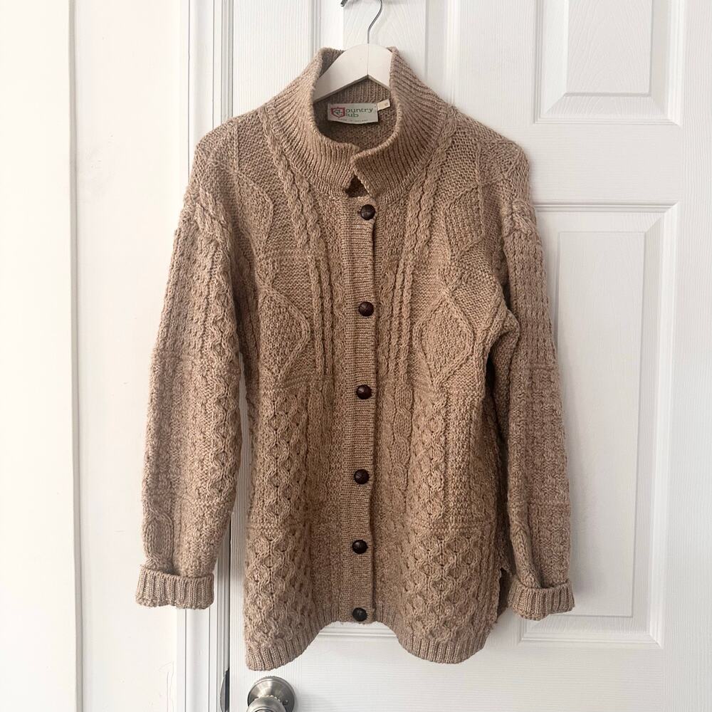 Country Club Vintage Made In Ireland Wool Fisherman Cable Knit Button Cardigan S